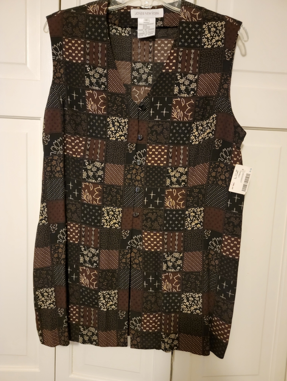 Jones New York Brown, Black & Cream Patchwork Button-Front Sleeveless Top NWT